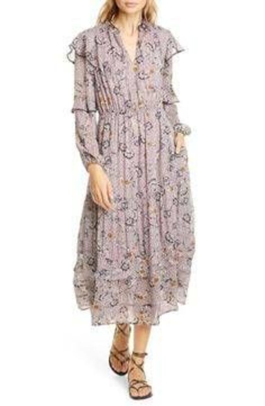 Dolan Anthropologie Aurelie Floral & Dot Print Long Sleeve Midi Dress In Thistle